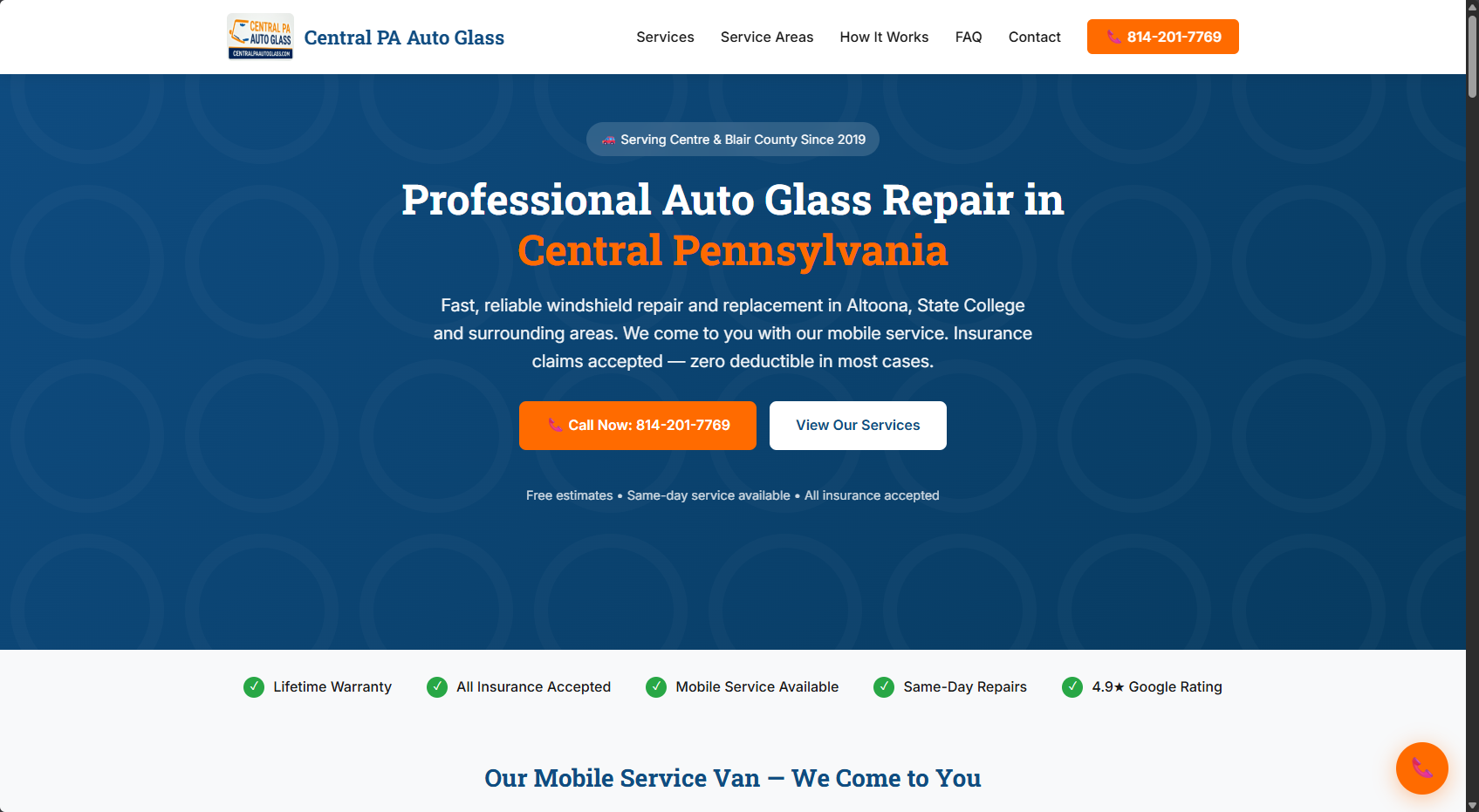 Central PA Auto Glass website screenshot
